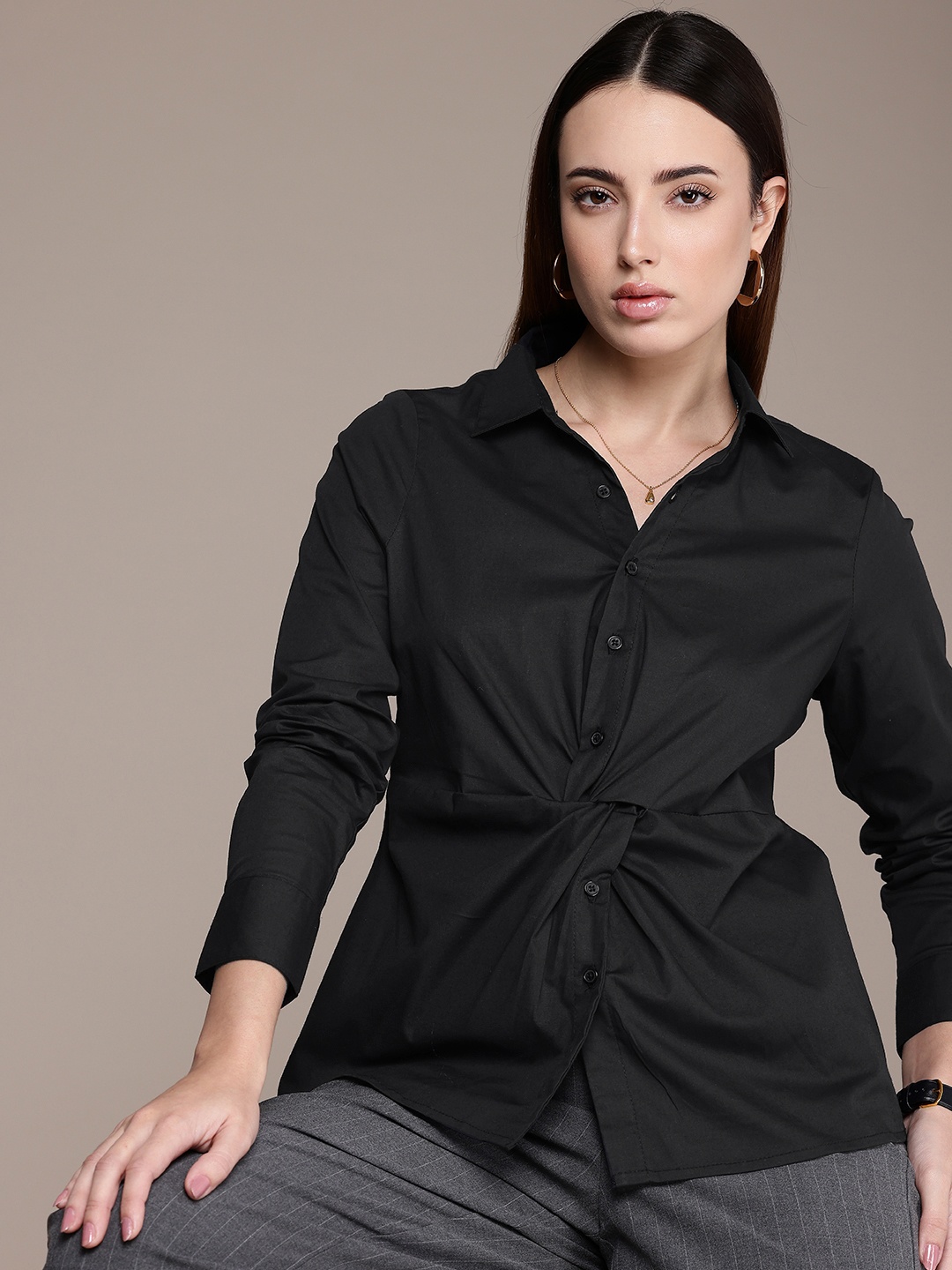 

French Connection Twisted Detailed Casual Shirt, Black