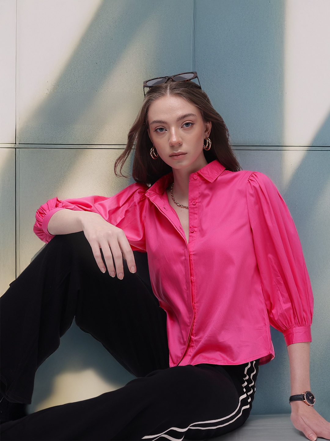 

French Connection Pure Cotton Puff Sleeves Boxy Fit Casual Shirt, Pink