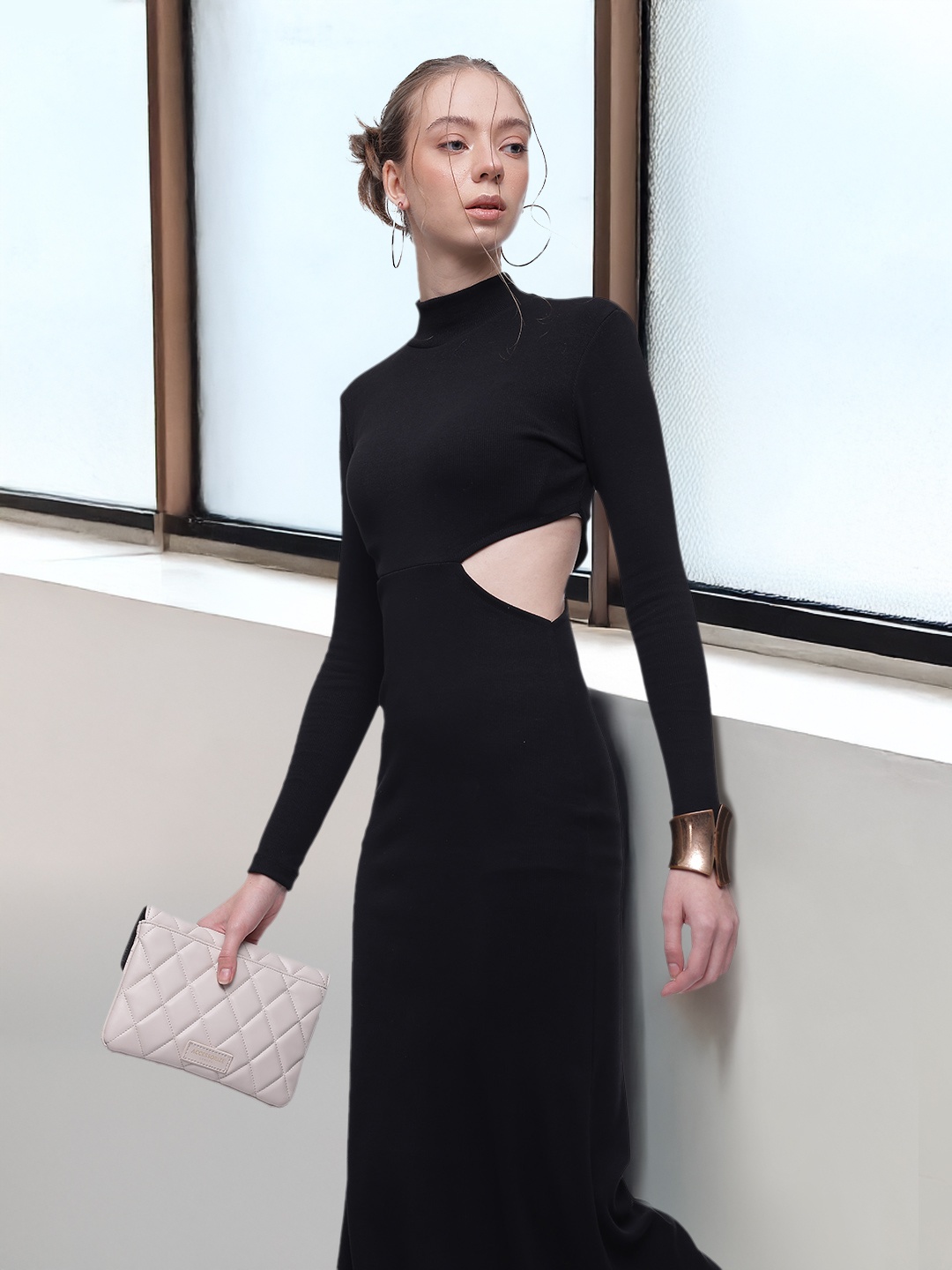 

French Connection High Neck Ribbed Cut-Out Maxi Dress, Black