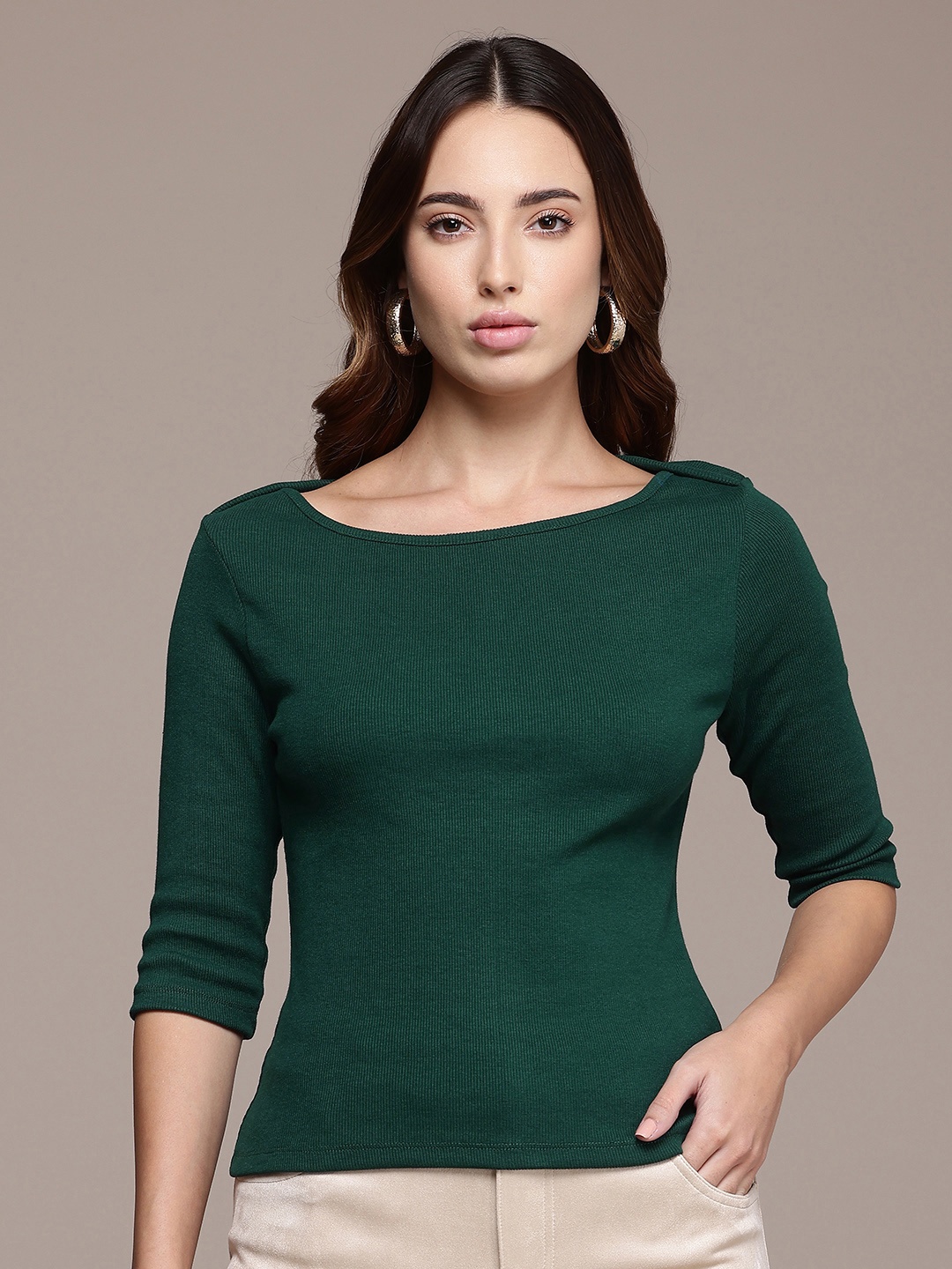 

French Connection Ribbed Round Neck Three-Quarter Sleeves Top, Green