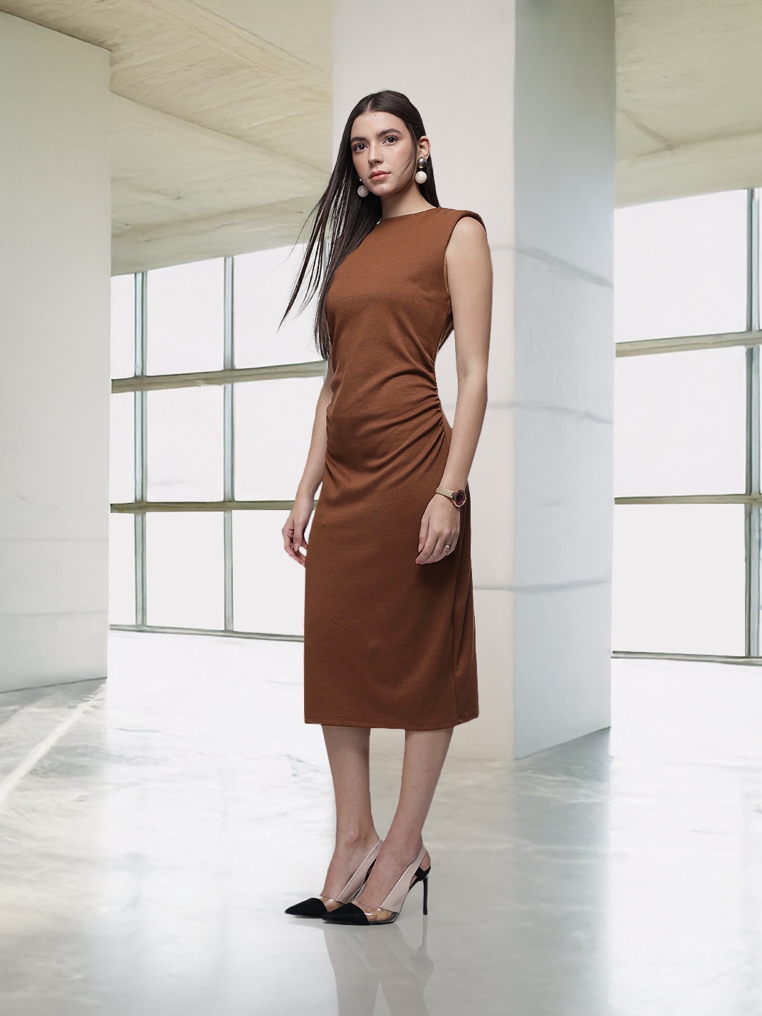 

French Connection Gathered Detailing Sheath Midi Dress, Brown