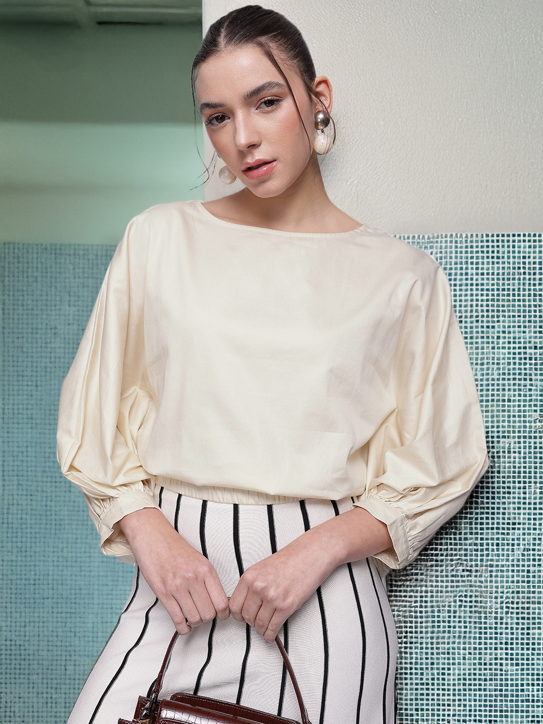 

French Connection Pure Cotton Dolman Sleeves Blouson Top, Off white