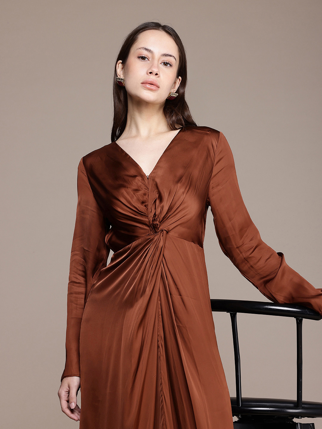 

French Connection V-Neck Gathered or Pleated Satin Maxi Dress, Brown