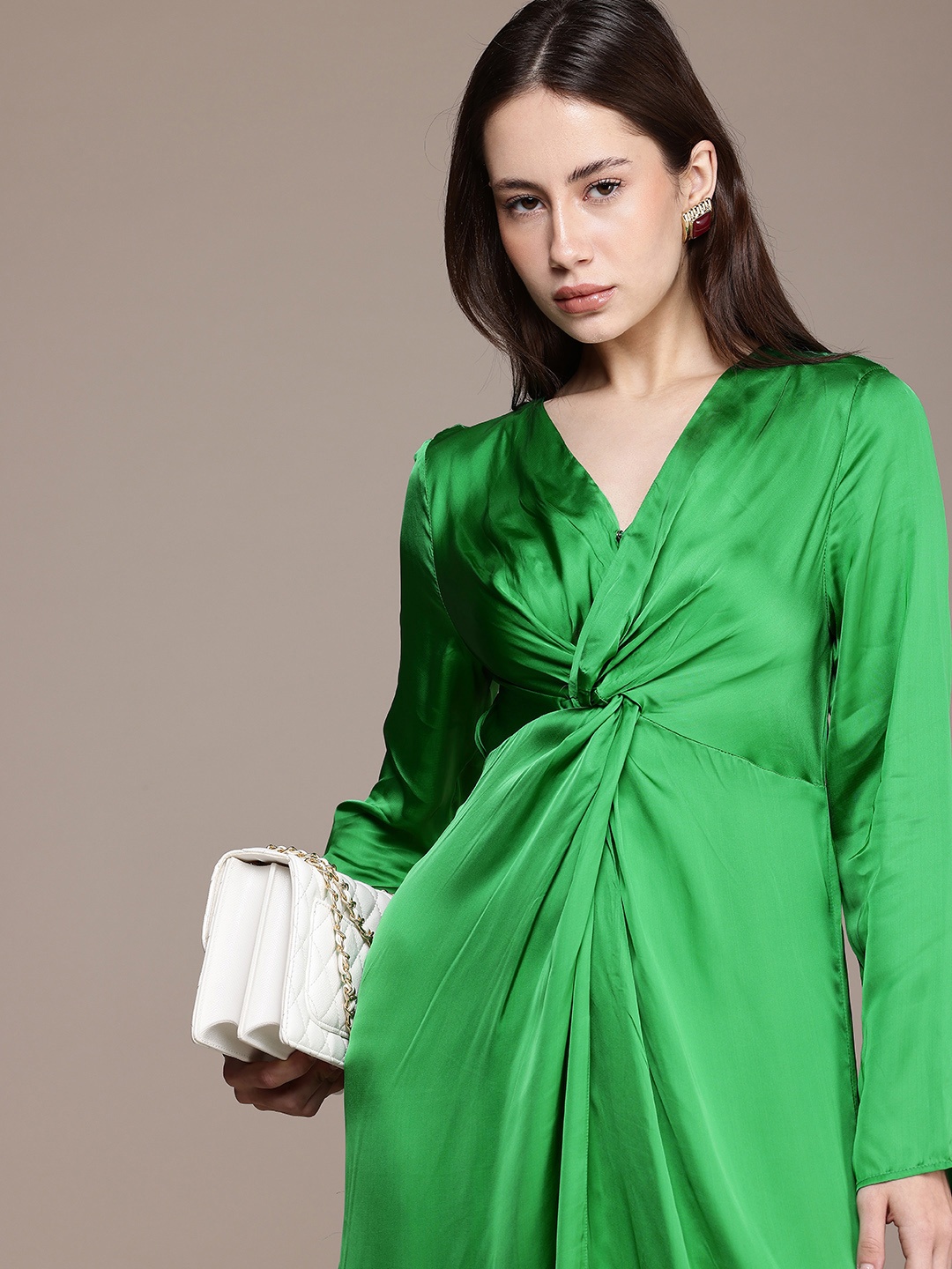 

French Connection Twisted Detailed Satin Finish A-Line Maxi Party Dress, Green