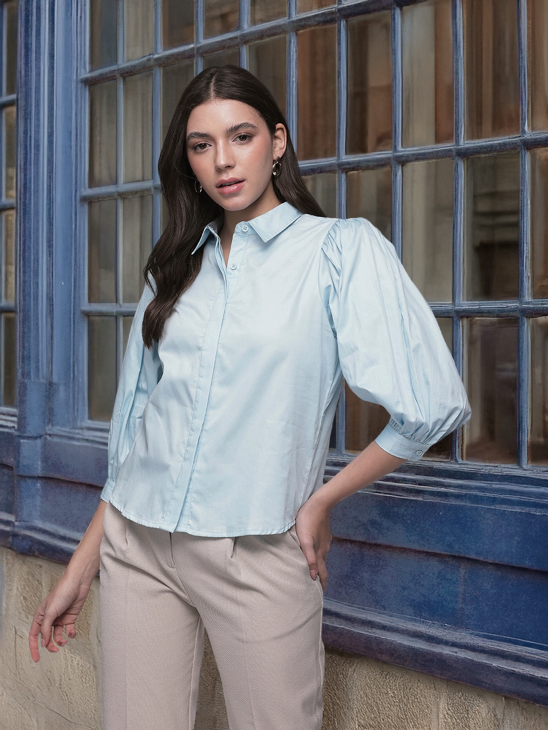 

French Connection Pure Cotton Puff Sleeves Boxy Fit Casual Shirt, Blue