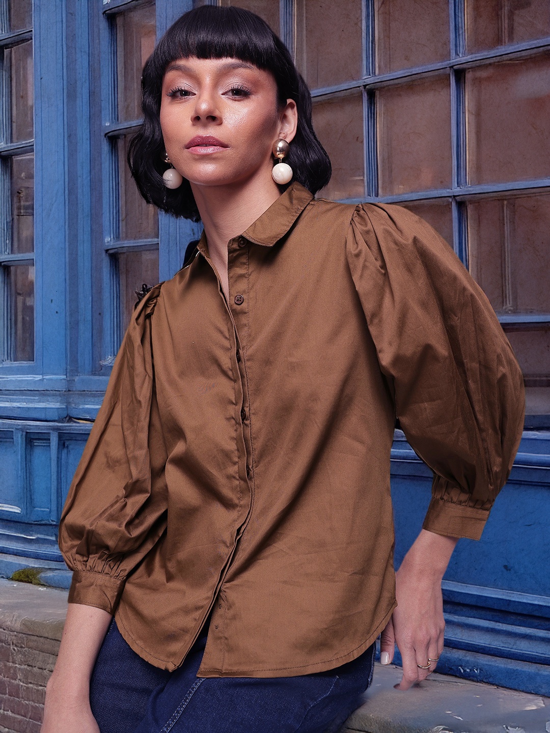 

French Connection Pure Cotton Puff Sleeves Boxy Fit Casual Shirt, Brown