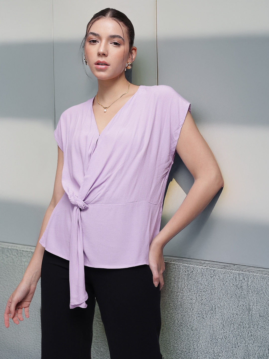 

French Connection Extended Sleeves V-Neck Twisted Knot Top, Lavender