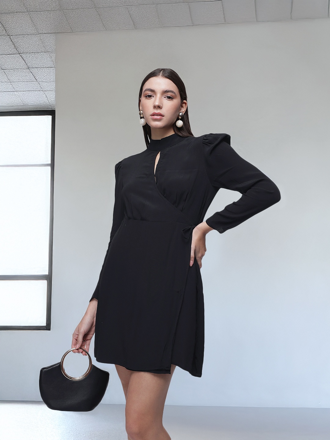 

French Connection Keyhole Neck Tie-Up Wrap Dress, Black