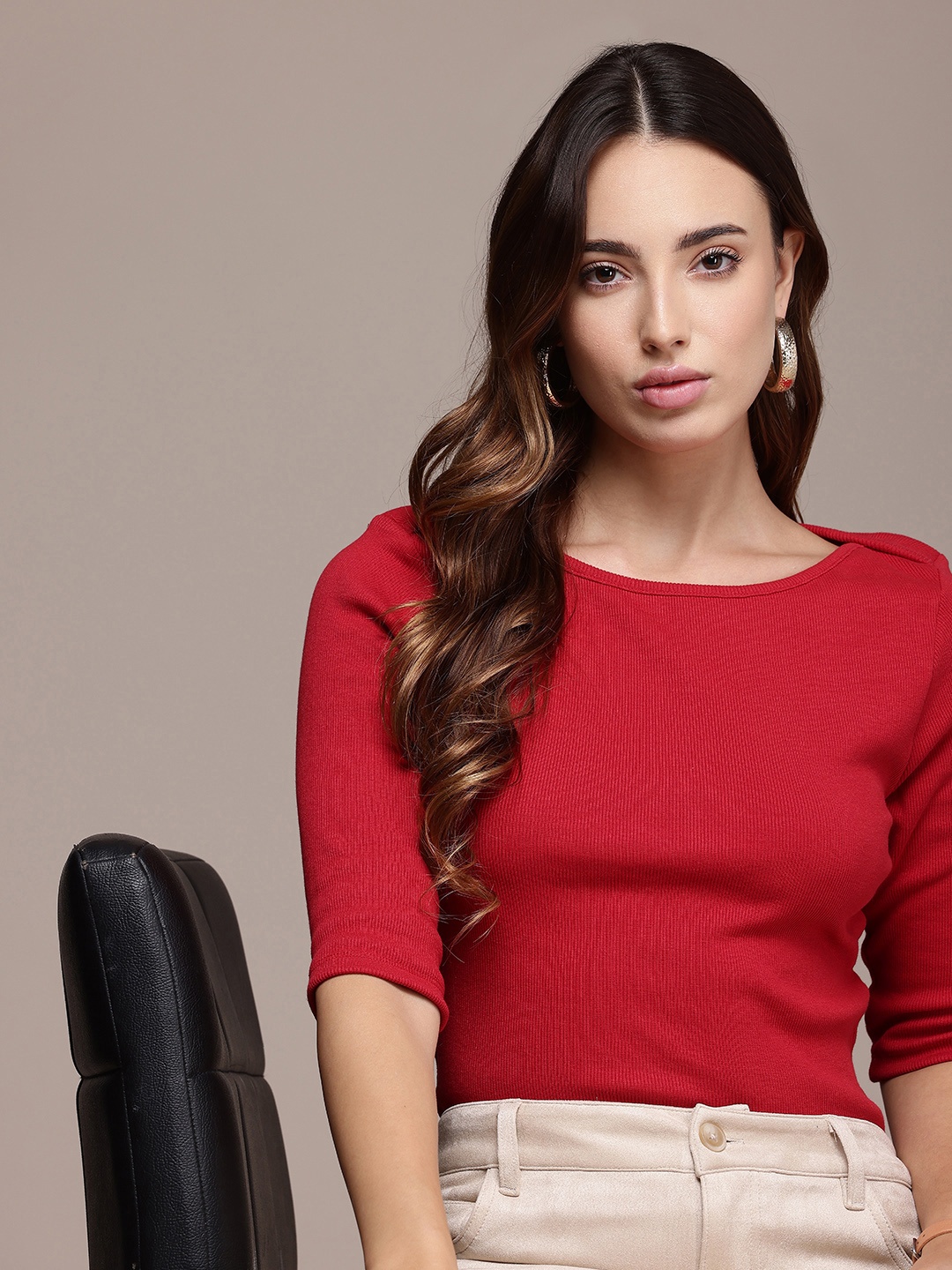 

French Connection Ribbed Round Neck Three-Quarter Sleeves Top, Red