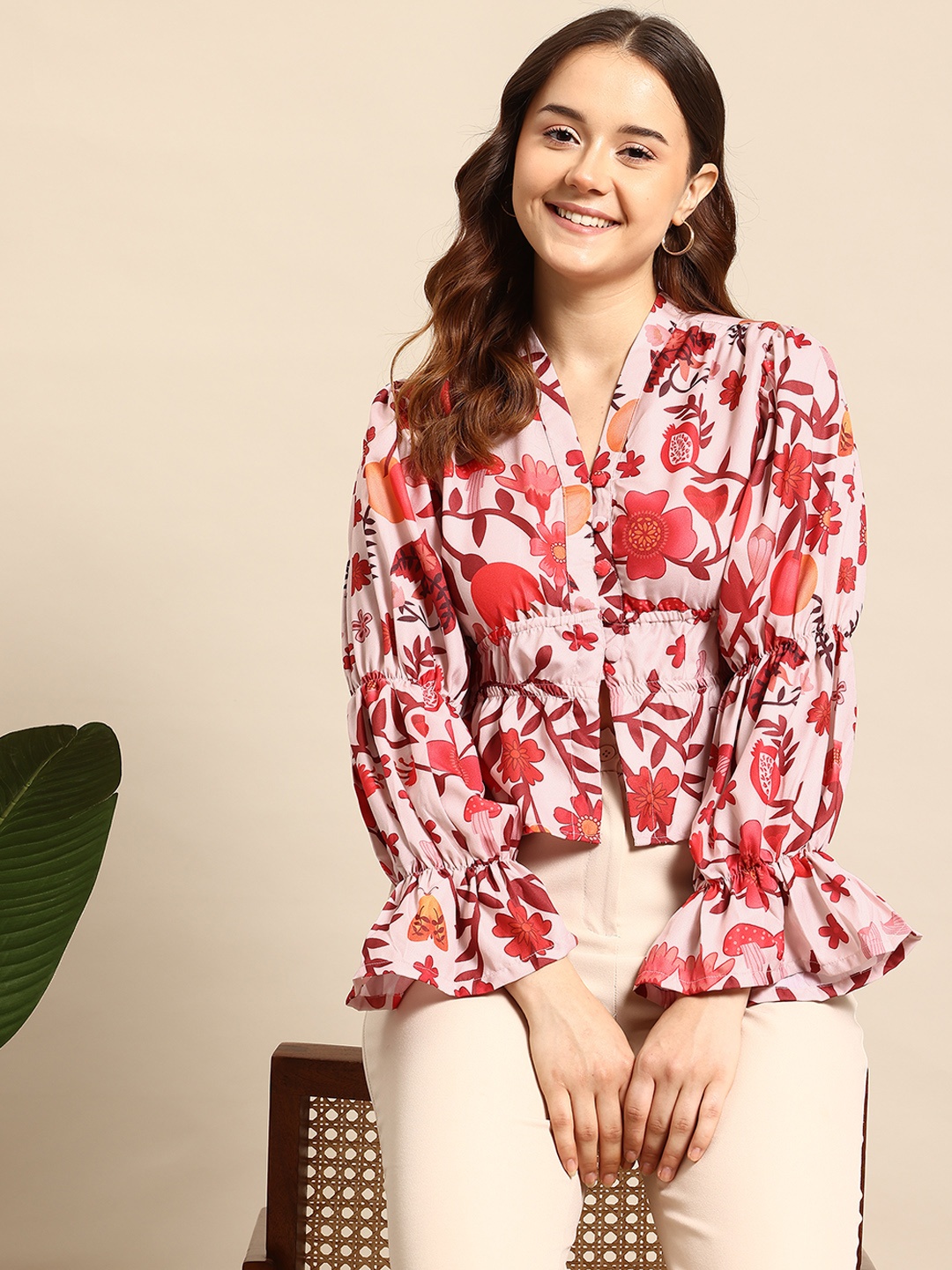 

Mast & Harbour Floral Print Puff Sleeves Empire Top, Beige