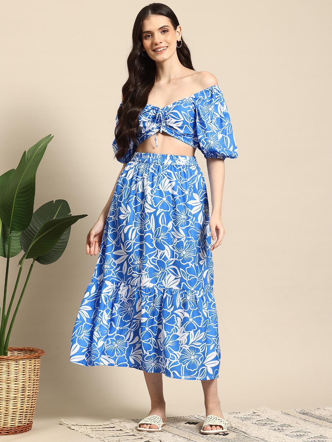 

Mast & Harbour Floral Ruched & Smocked Co-Ord Set, Blue