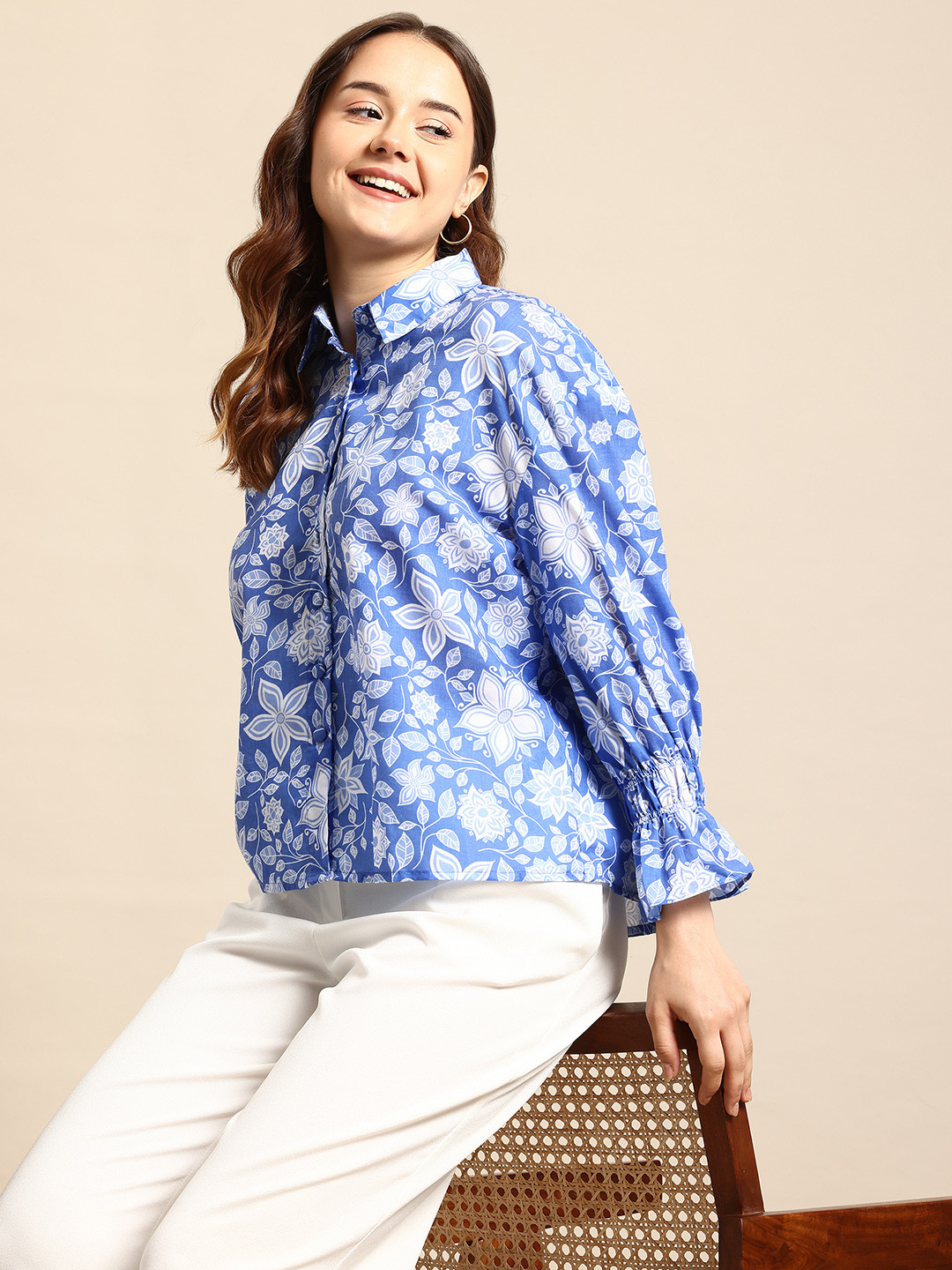 

Mast & Harbour Floral Printed Bell Sleeves Casual Shirt, Blue