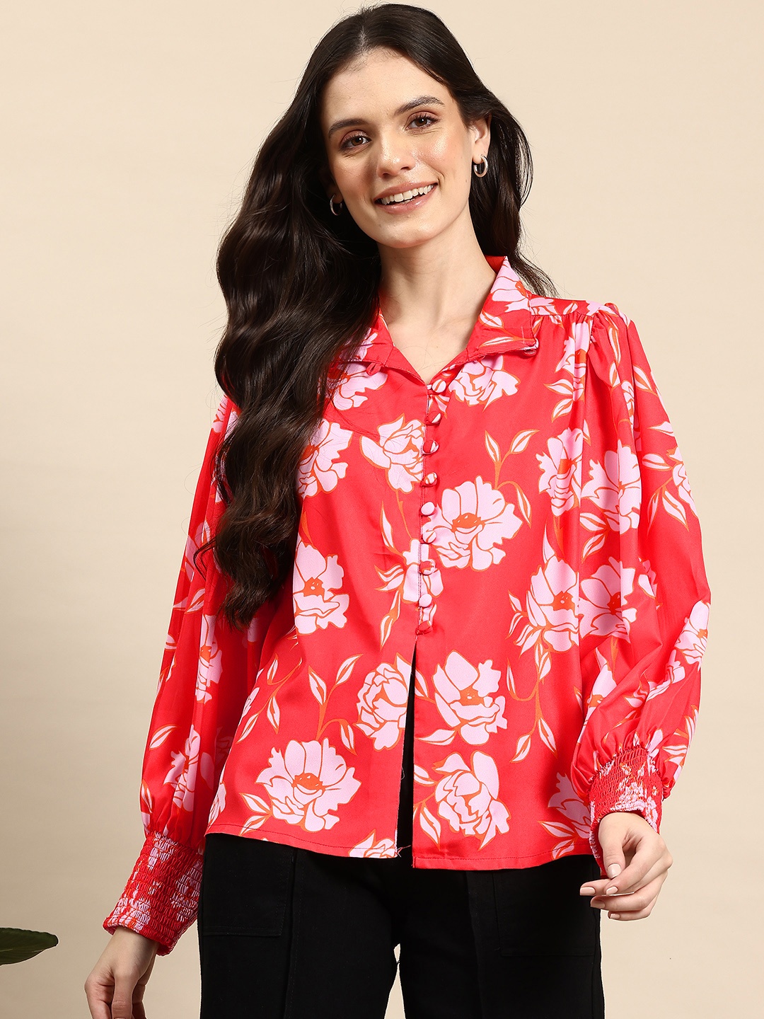 

Mast & Harbour Floral Print Puff Sleeve Top, Coral
