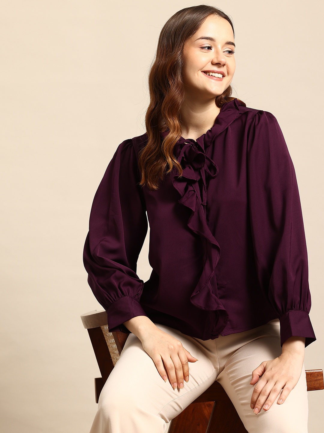 

Mast & Harbour Bishop Sleeves Shirt-Style Top with Tie-Up Detail, Burgundy