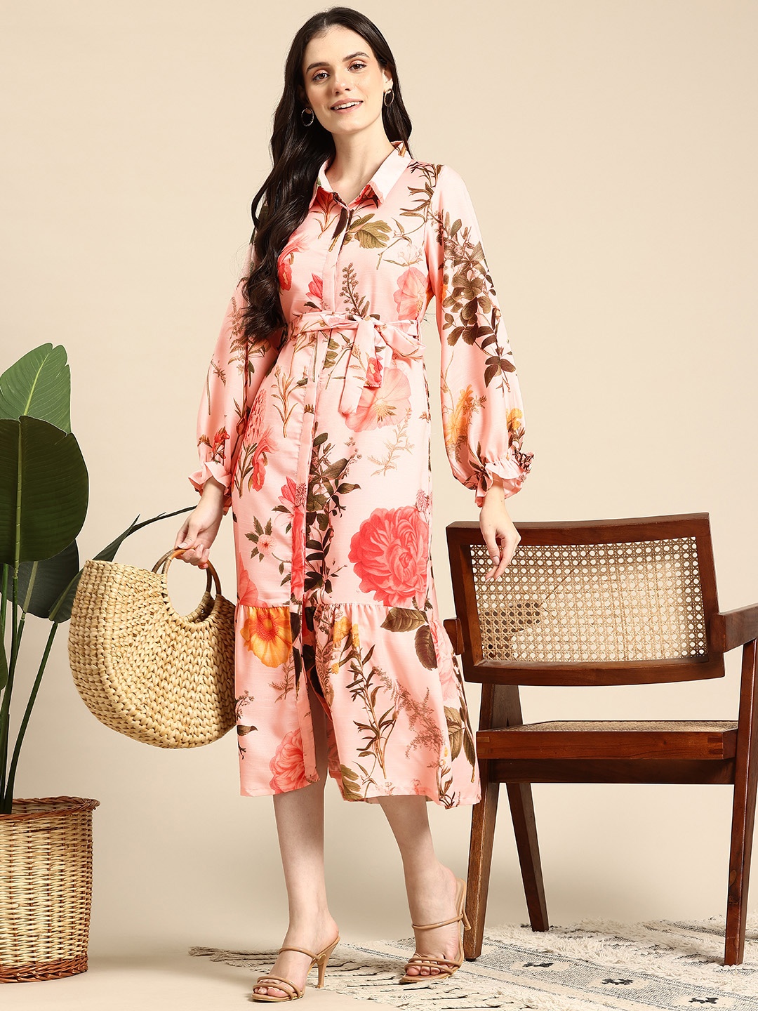 

Mast & Harbour Floral Print Bell Sleeve Midi Shirt Dress, Peach