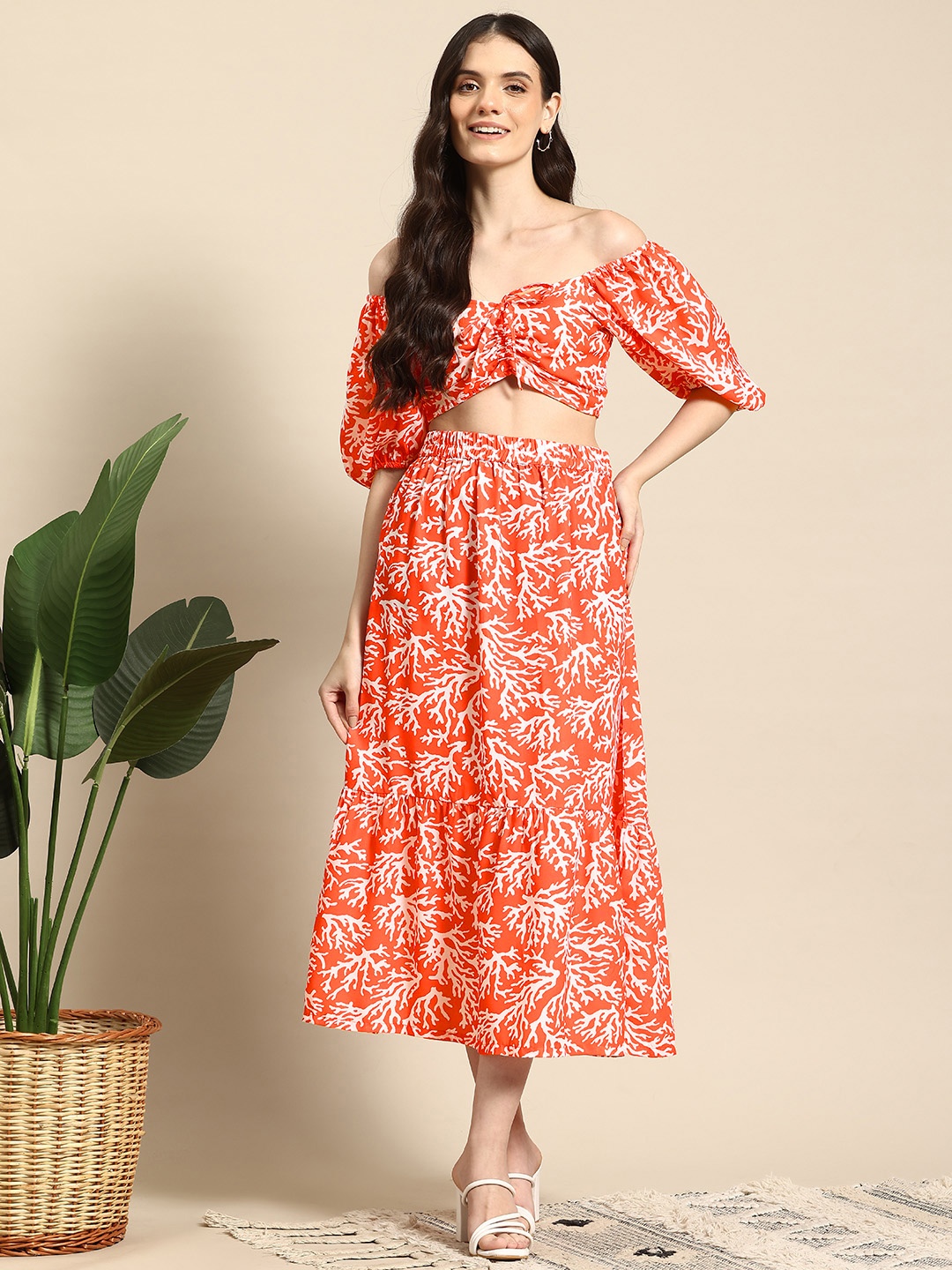 

Mast & Harbour Printed Top with Skirt Co-Ord Set, Orange