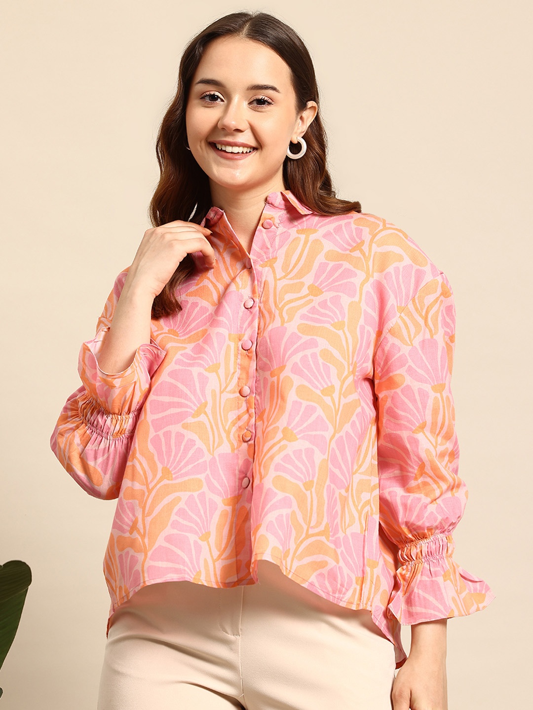 

Mast & Harbour Floral Printed Bell Sleeves Casual Shirt, Peach