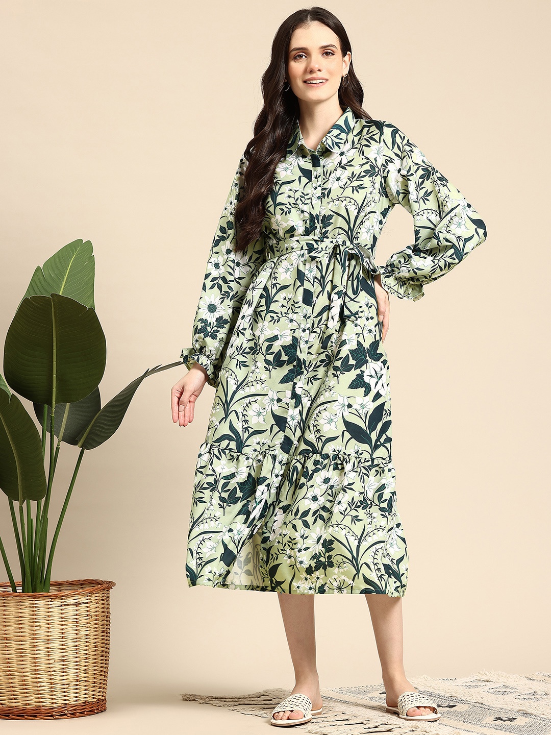 

Mast & Harbour Floral Print Midi Shirt Dress, Green