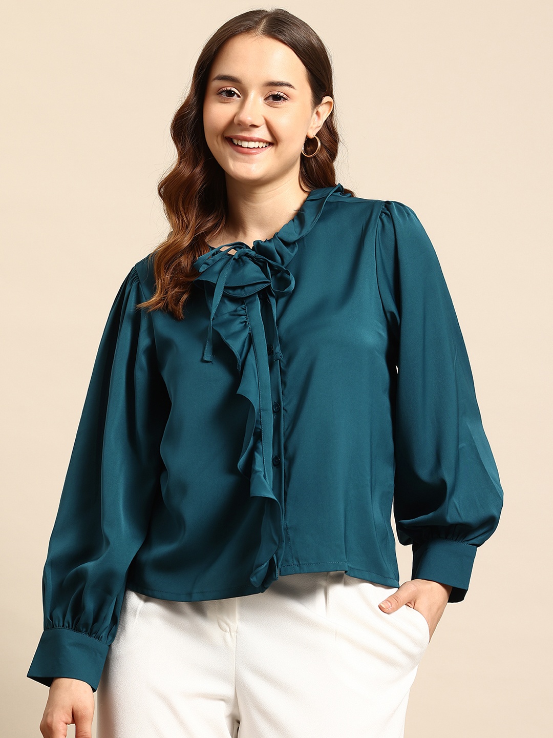 

Mast & Harbour Bishop Sleeves Shirt-Style Top with Tie-Up Detail, Teal