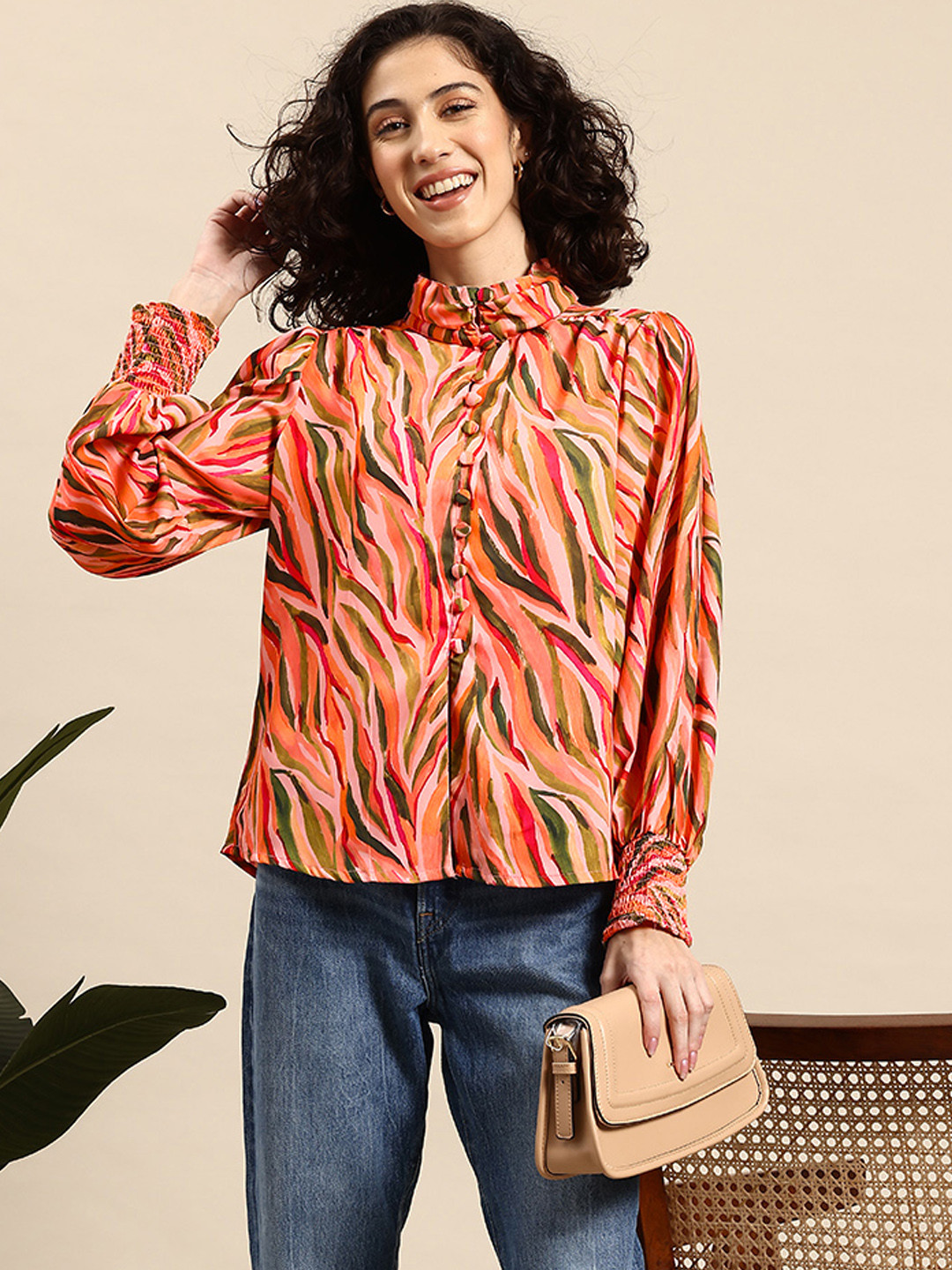 

Mast & Harbour Print Puff Sleeve Smocked Shirt Style Top, Orange