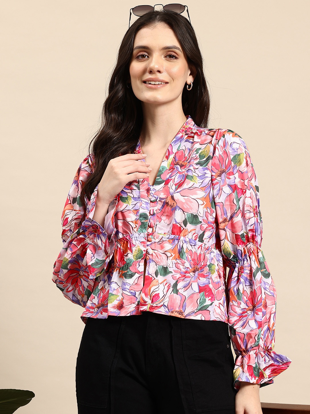 

Mast & Harbour Floral Print Bell Sleeve Shirt Style Top, Pink