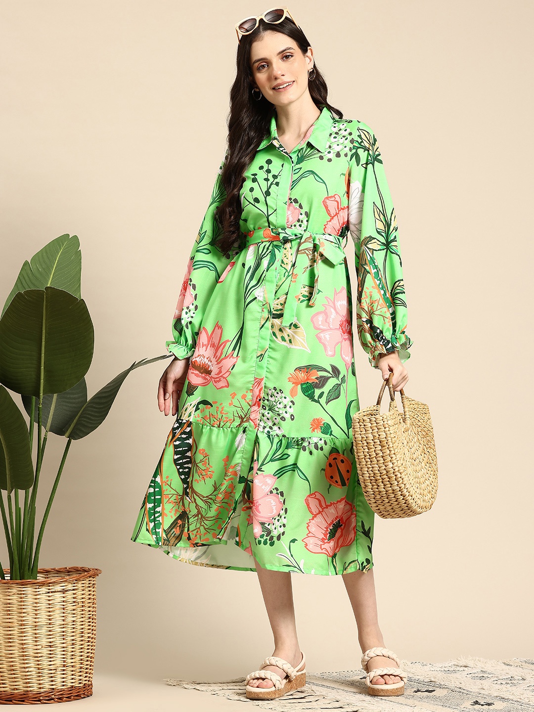 

Mast & Harbour Floral Print Belted Bell Sleeve Midi Shirt Dress, Green