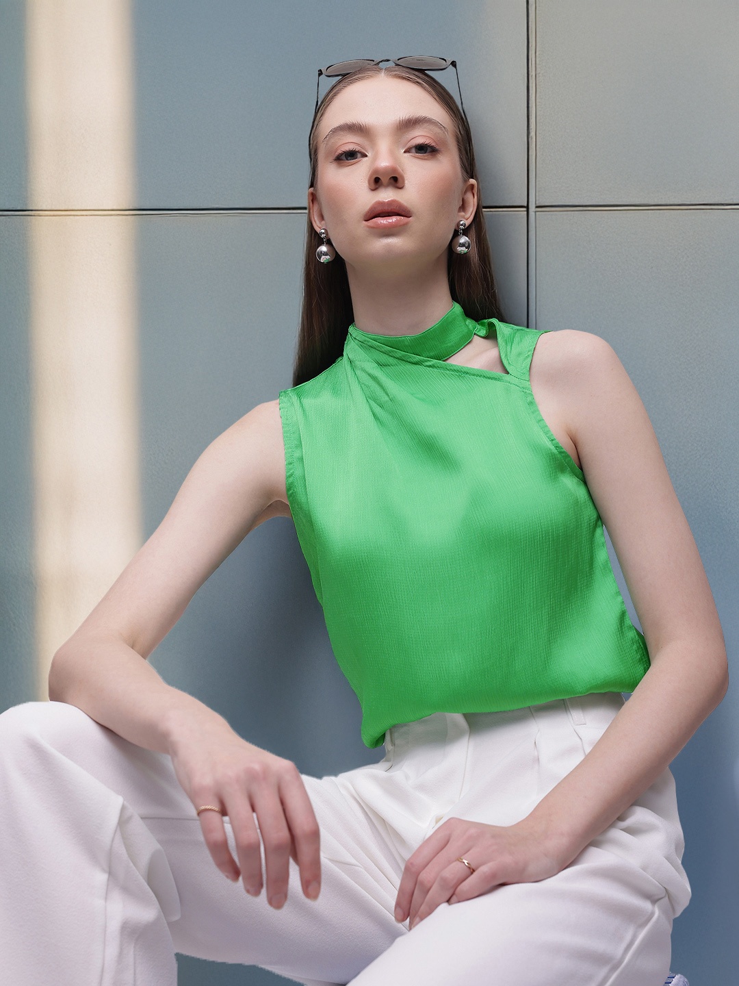 

French Connection Crinkle Effect Cut Out Detail Sleeveless Top, Green