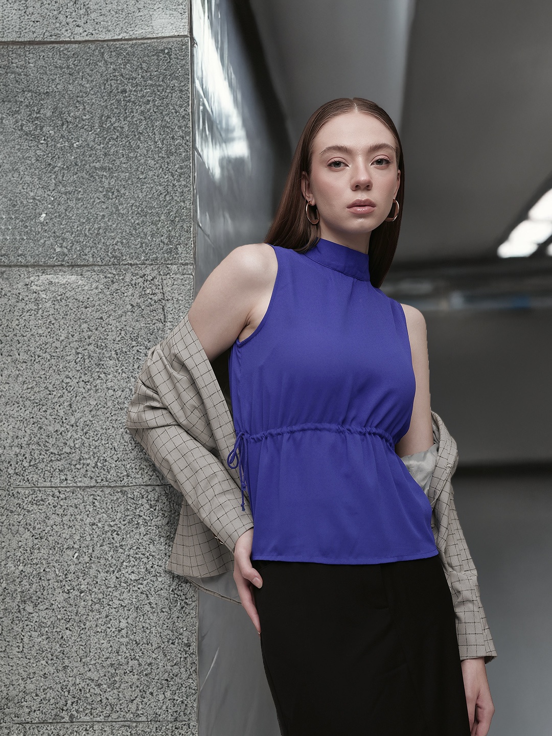

French Connection Tie-Up Detail Sleeveless Cinched Waist Top, Blue
