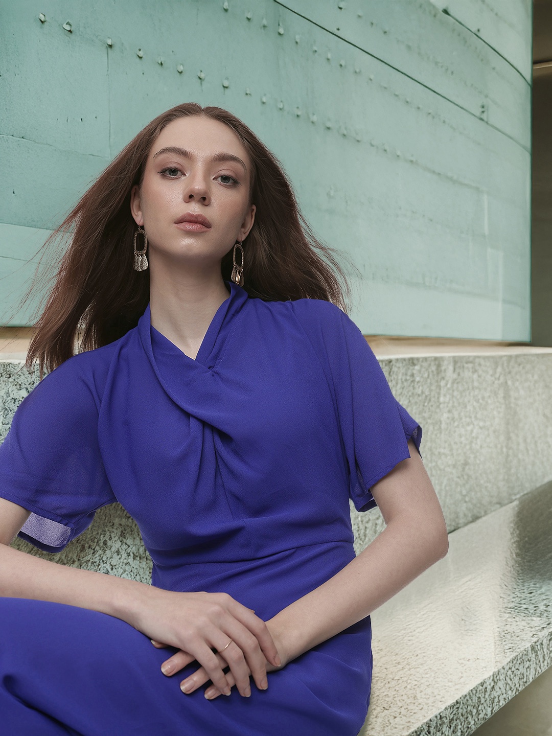 

French Connection V-Neck with Twist Detailing A-Line Midi Dress, Blue