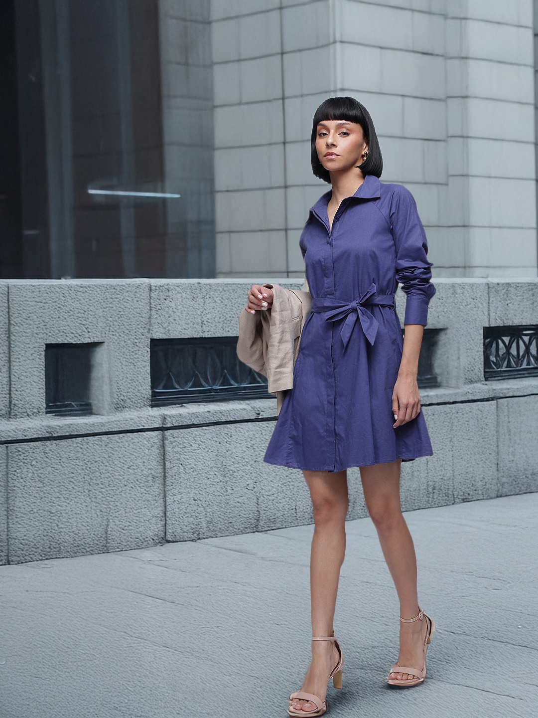 

French Connection Cuffed Sleeves Pure Cotton Shirt Mini Dress, Blue