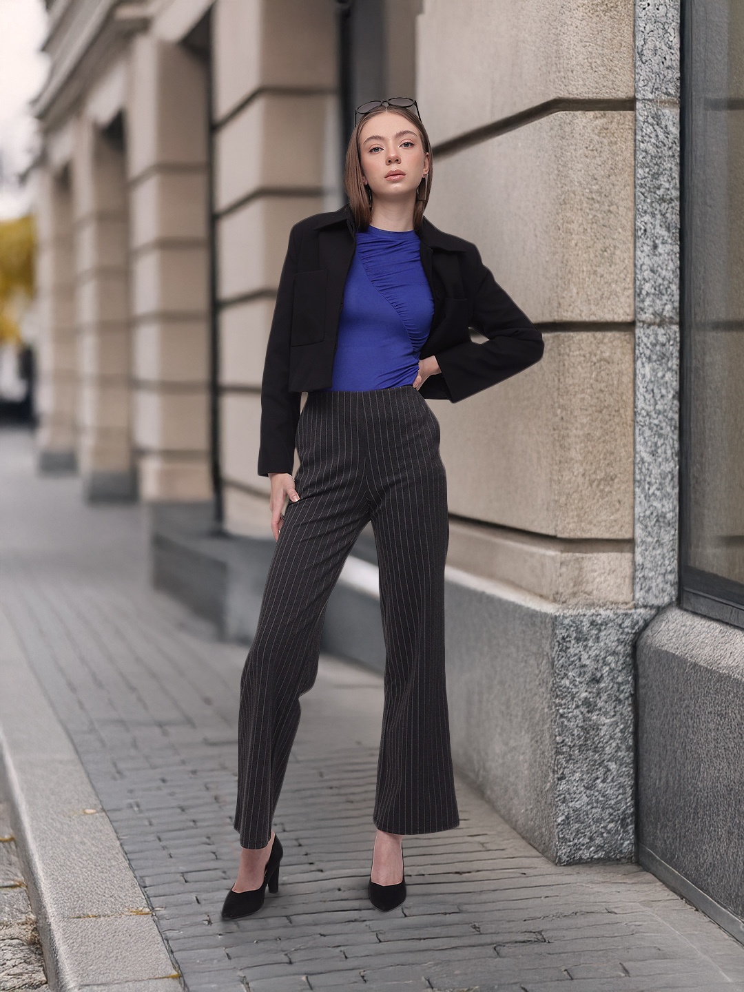 

French Connection Long Sleeves Gathers Fitted Top, Blue