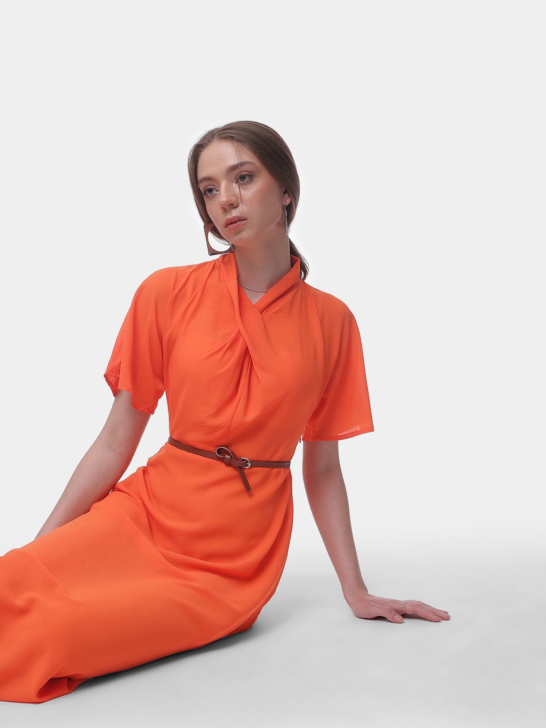 

French Connection V-Neck with Twist Detailing A-Line Midi Dress, Orange