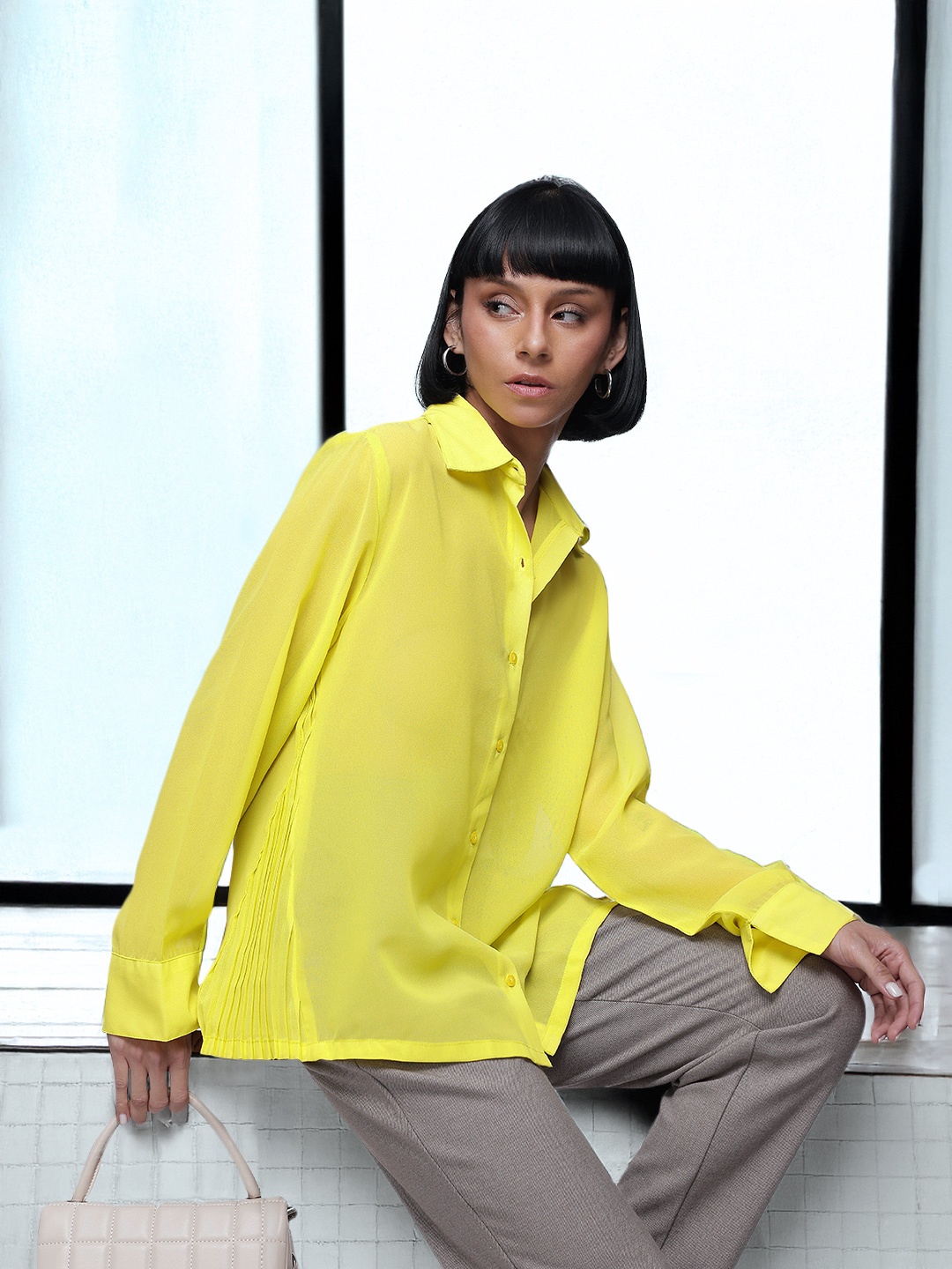

French Connection Semi Sheer Drop-Shoulder Sleeves Relaxed Fit Casual Shirt, Lime green