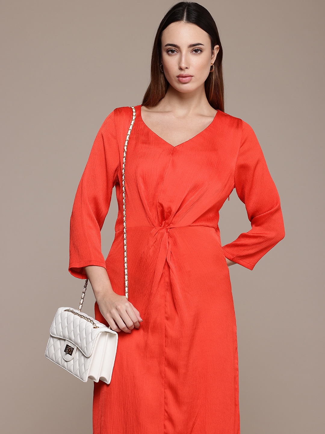 

French Connection Gathered Detailing A-Line Midi Dress, Orange