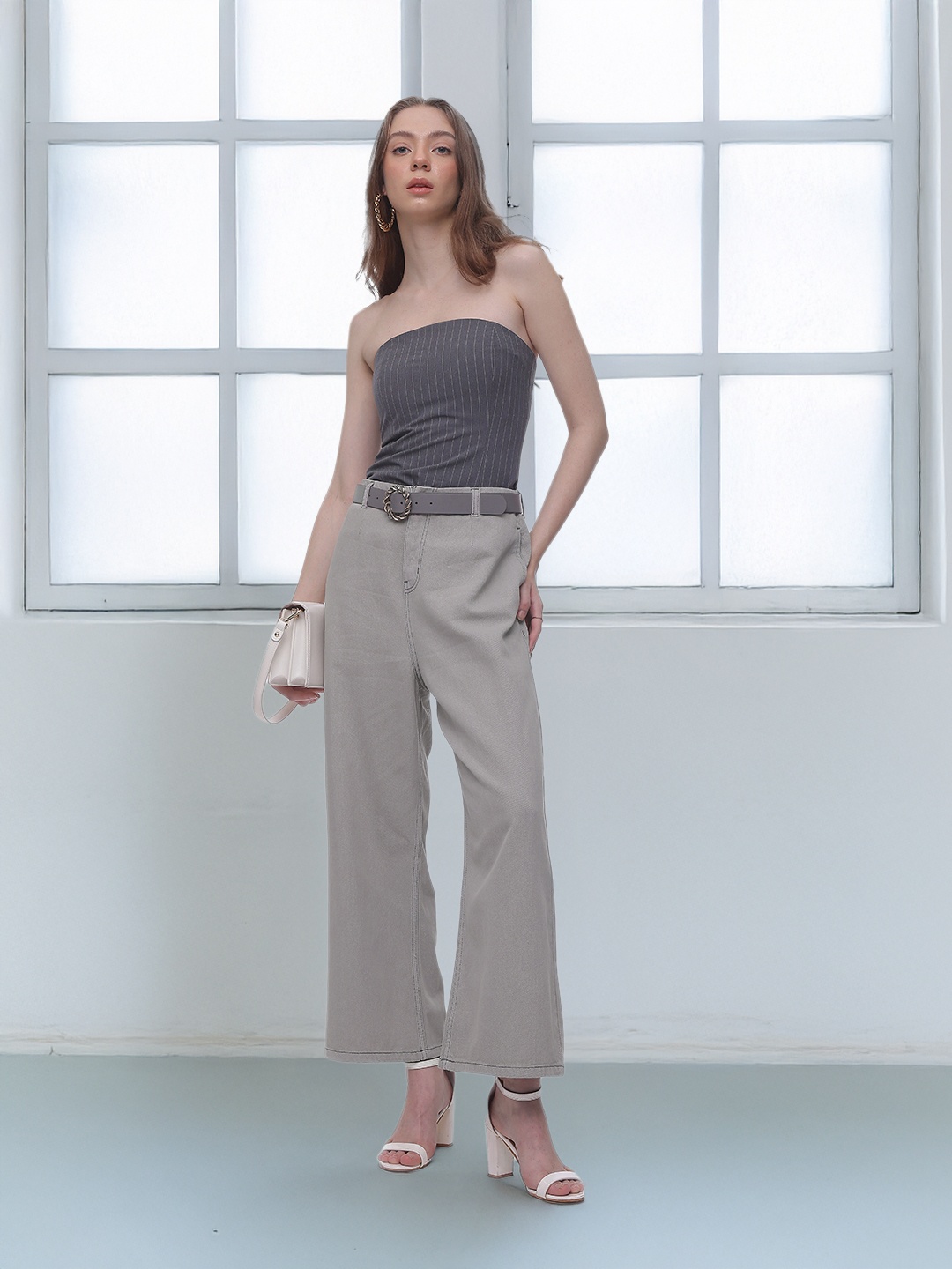 

French Connection Women Wide Leg Pure Cotton Jeans, Grey