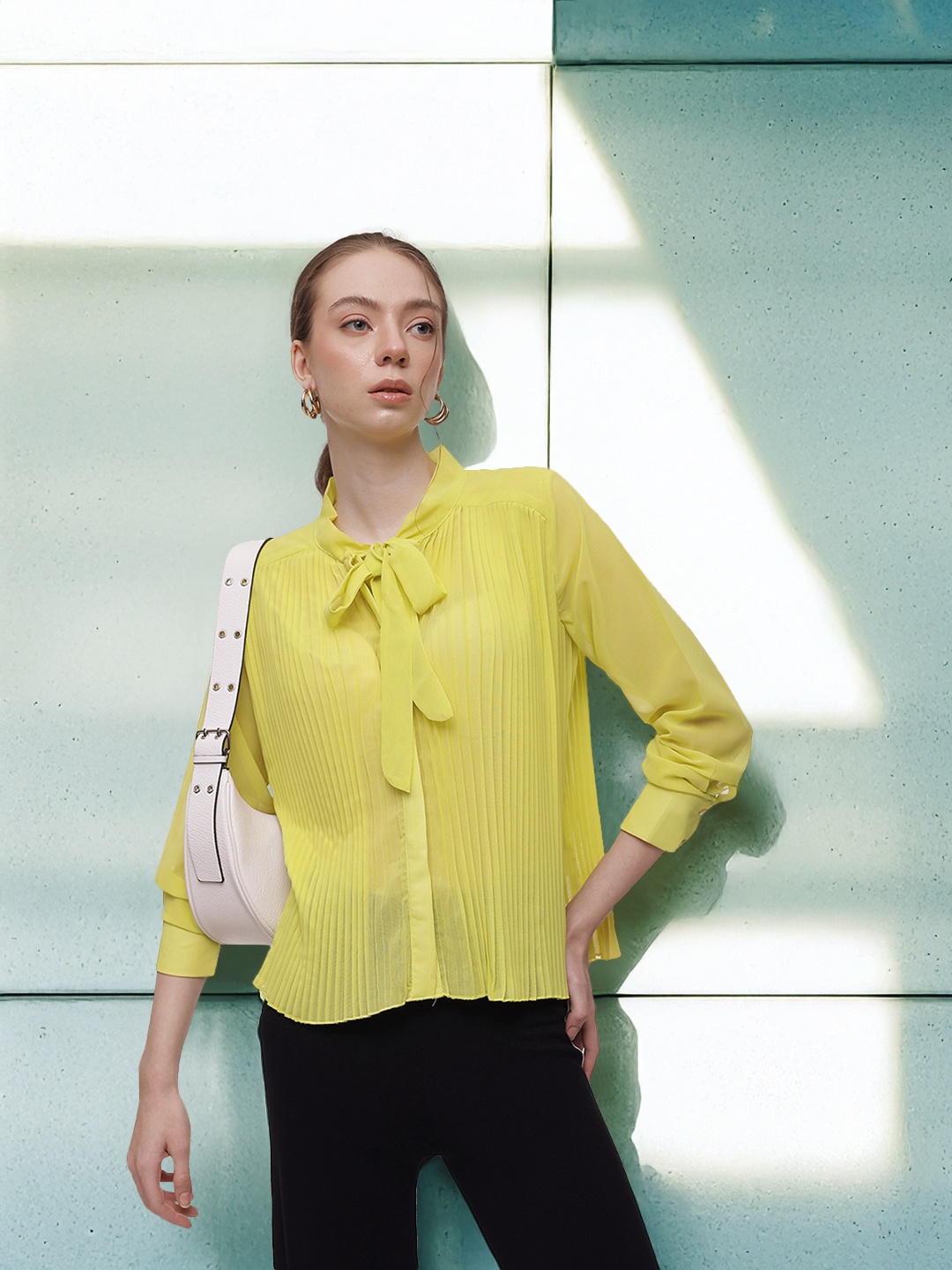 French Connection Accordion Pleats Tie-Up Neck Casual Shirt, Fluorescent green