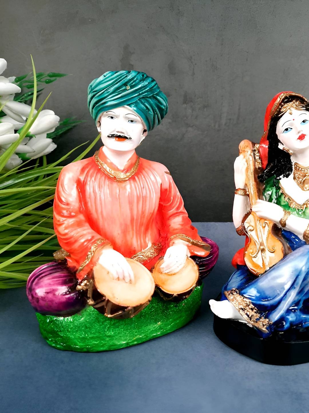 

apka mart Orange & Green Figurine Couple Musician Showpiece