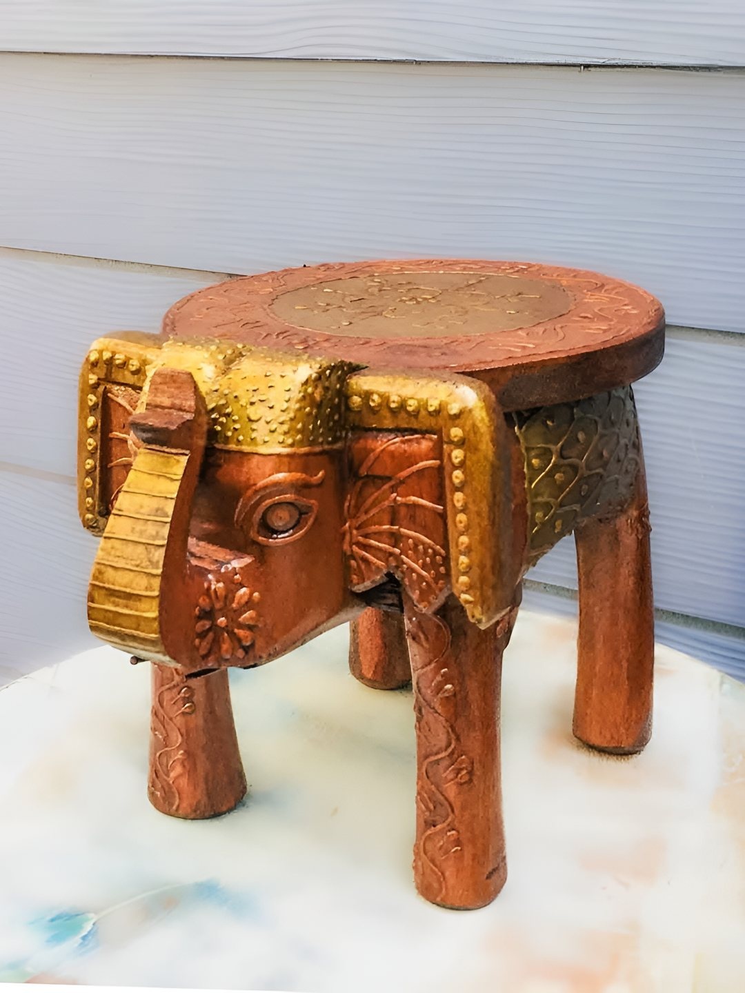 

apka mart Brown Wooden Figurine Elephant Stool Showpiece