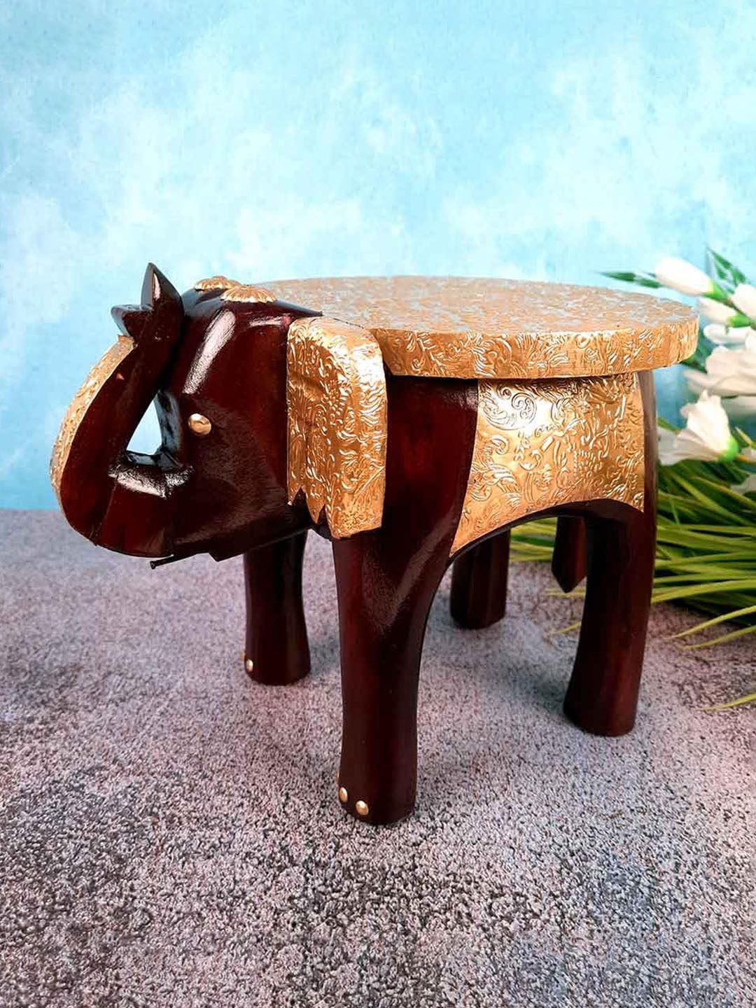 

apka mart Brown & Gold-Toned Wooden Figurine Elephant Stool Showpiece