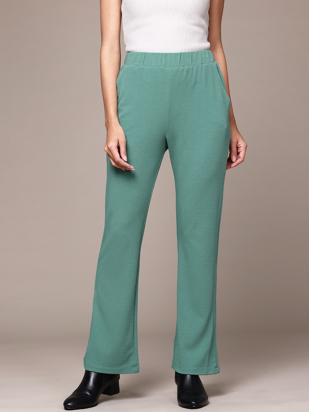 

The Roadster Lifestyle Co. Women Textured High-Rise Trousers, Green