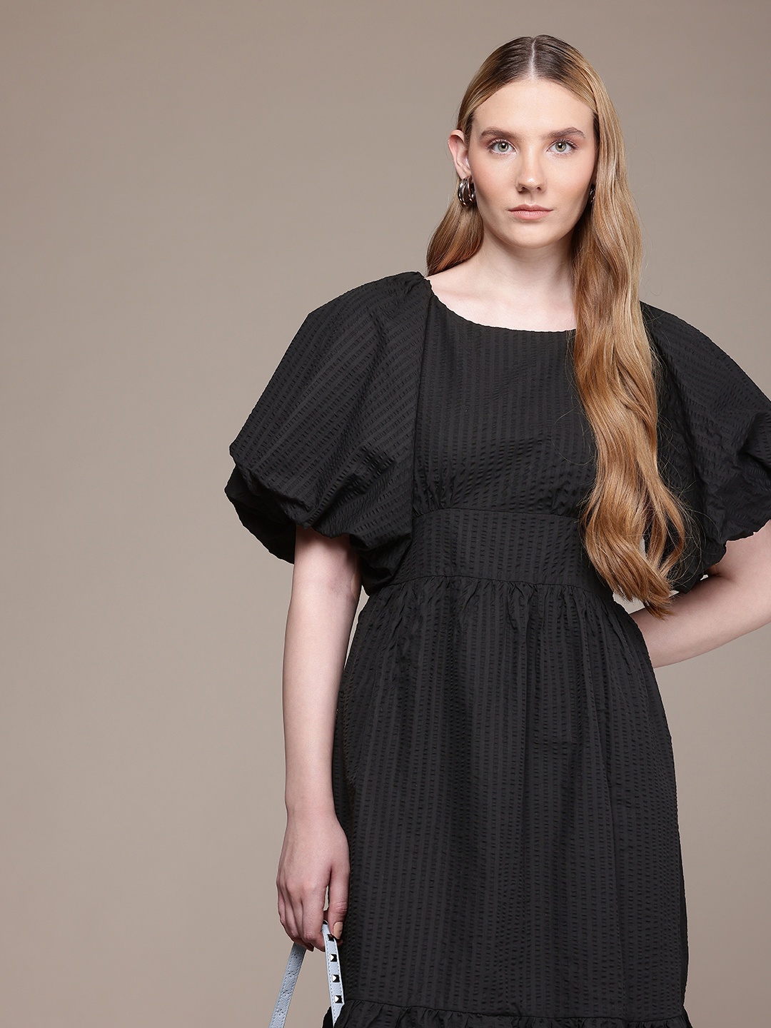 

French Connection Seersucker Puff Sleeve A-Line Midi Dress, Black