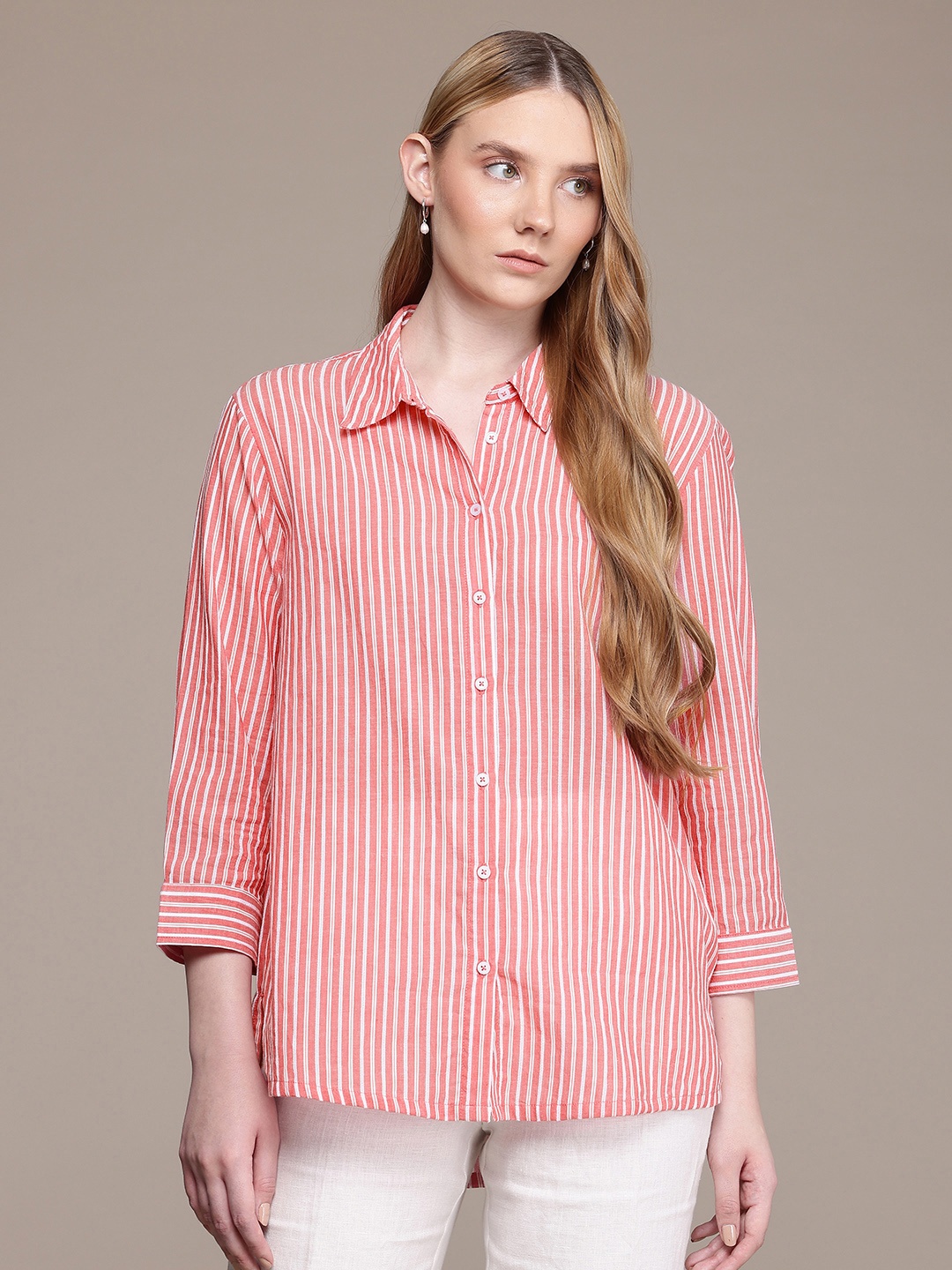 

French Connection Striped Pure Cotton Casual Shirt, Pink
