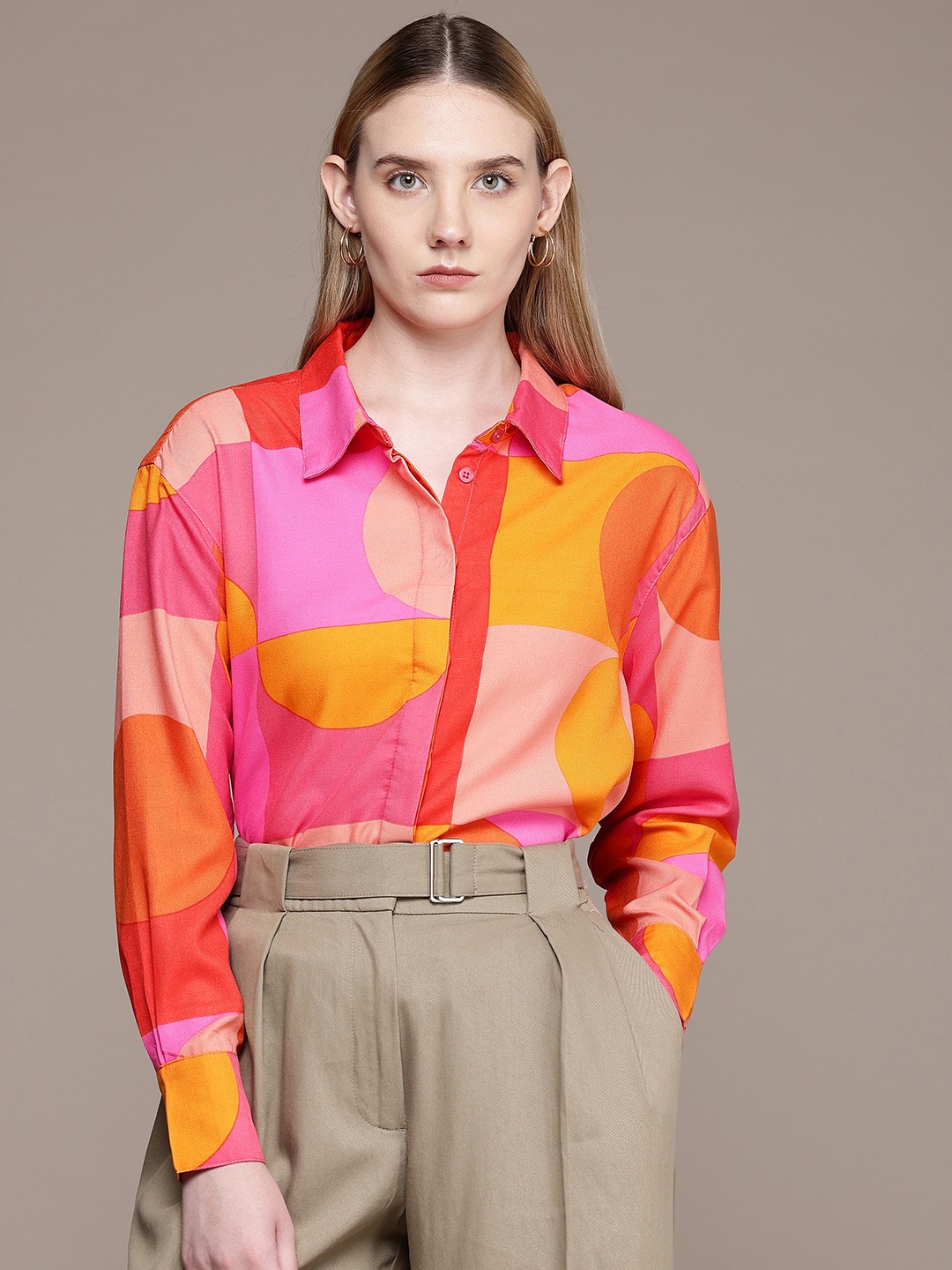 

French Connection Opaque Relaxed Fit Printed Longline Casual Shirt, Pink