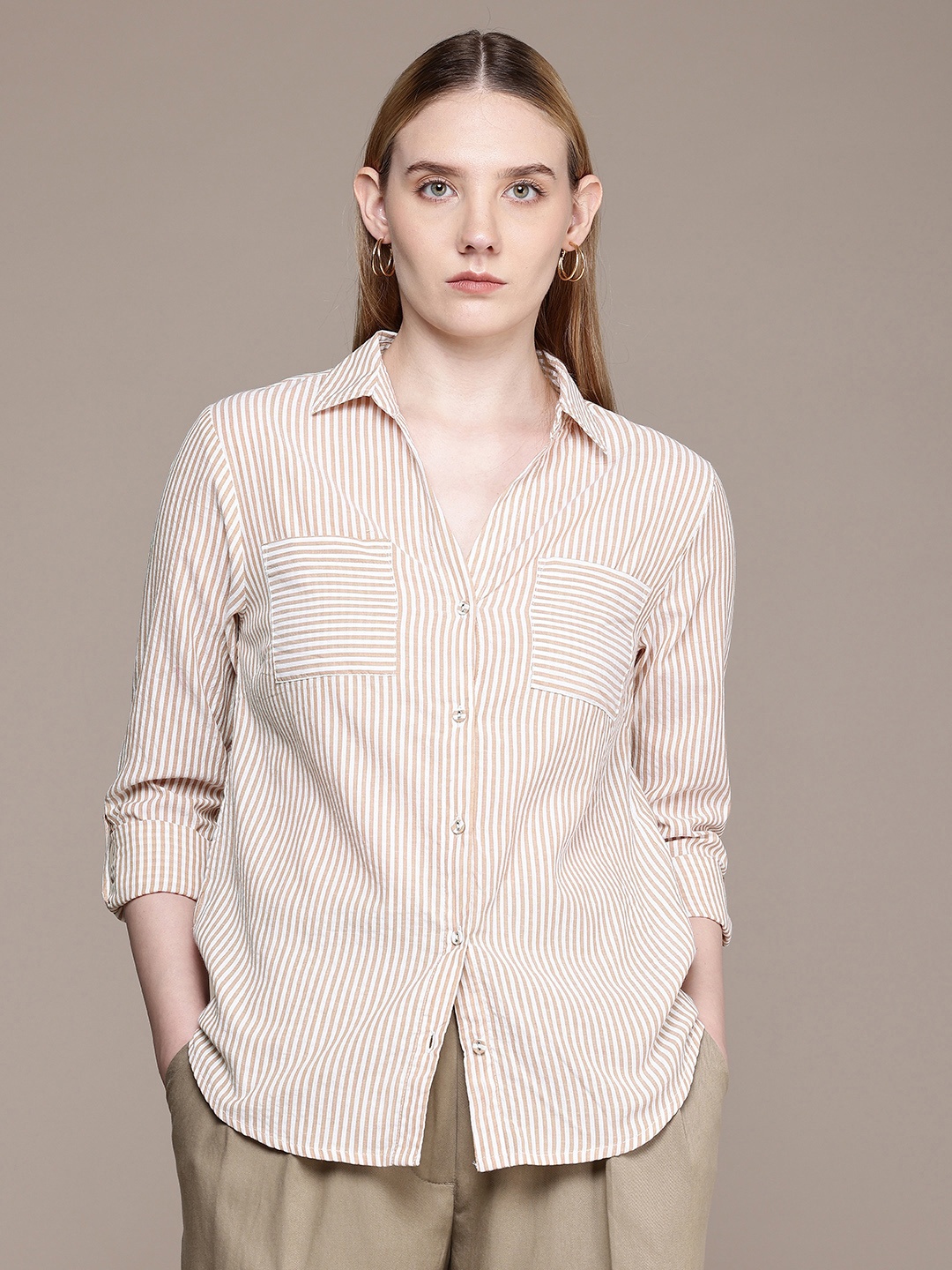 

French Connection Pure Cotton Opaque Striped Casual Shirt, Beige
