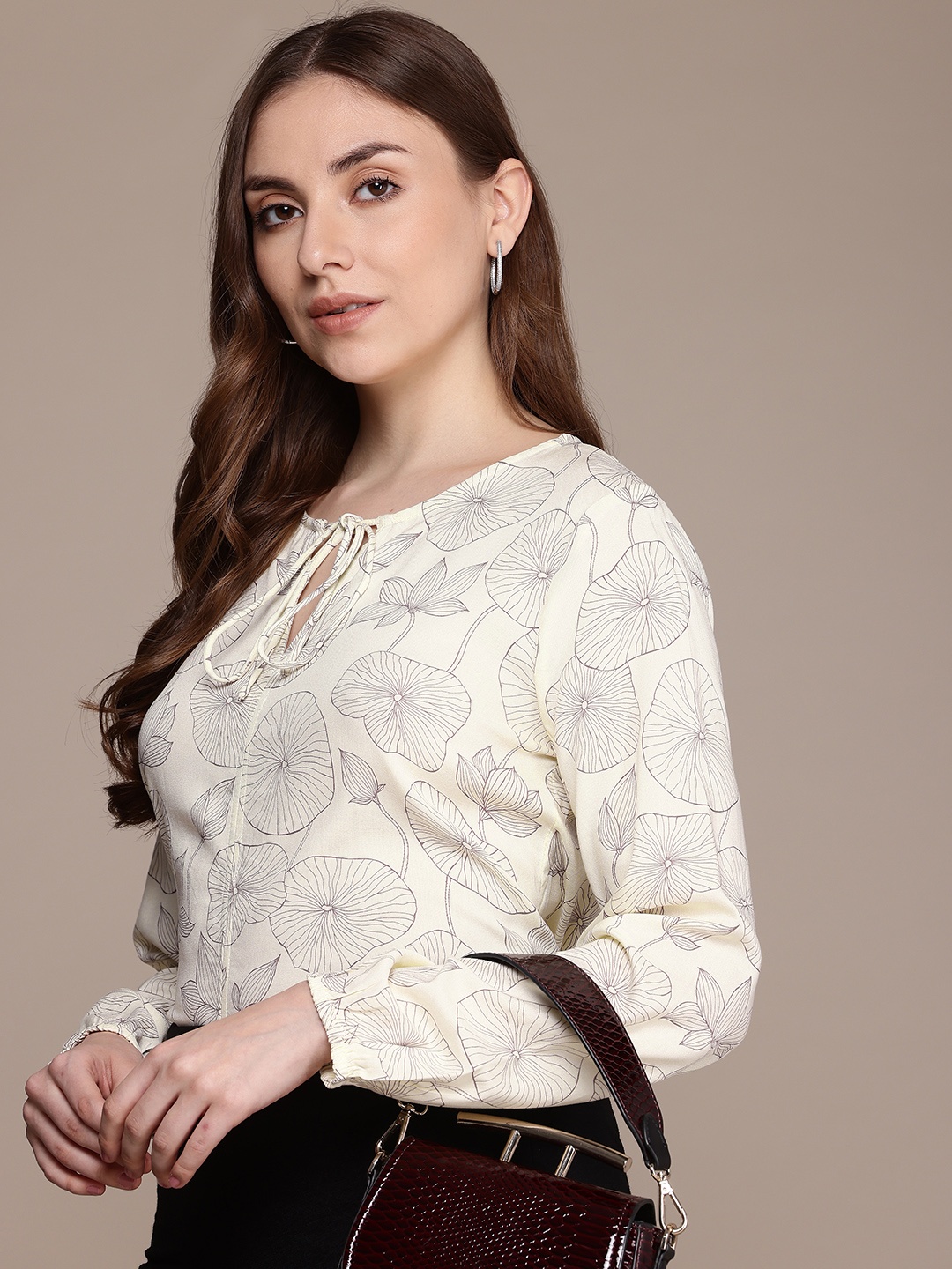 

French Connection Floral Printed Tie-Up Neck Top, Cream