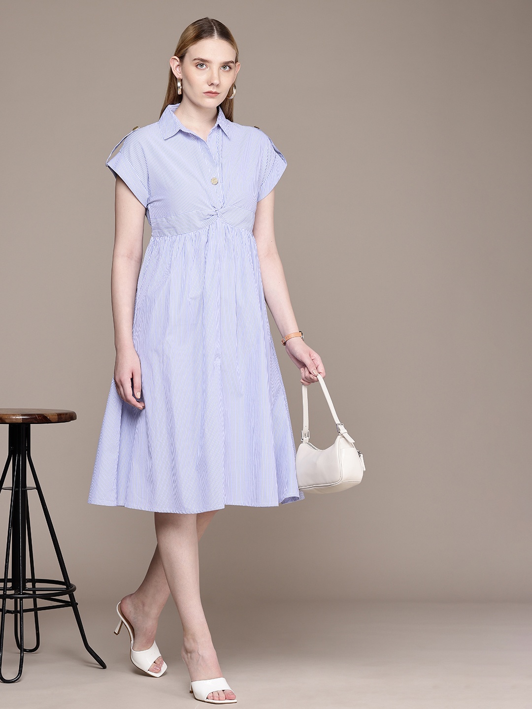 

French Connection Striped Shirt Collar Extended Sleeves A-Line Dress, White