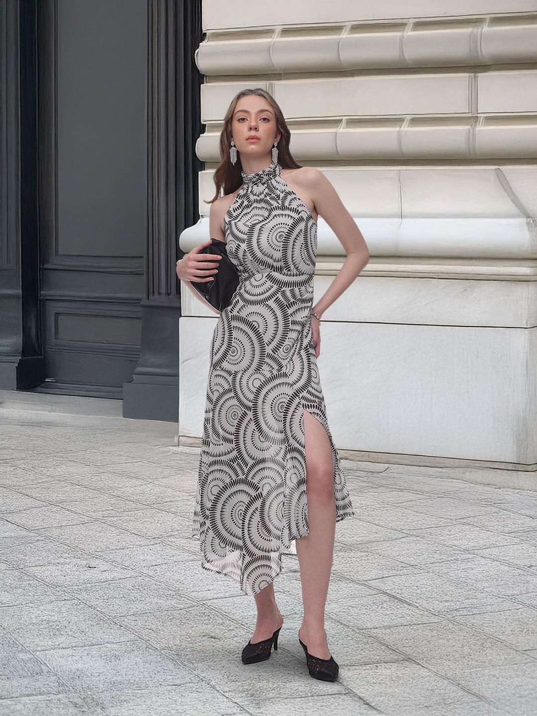 

French Connection Printed High Slit Halter Neck Asymmetric A-Line Maxi Dress, Black