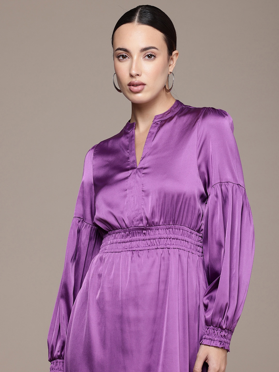 

French Connection Cinched Waist Satin finish A-Line Midi Dress, Violet