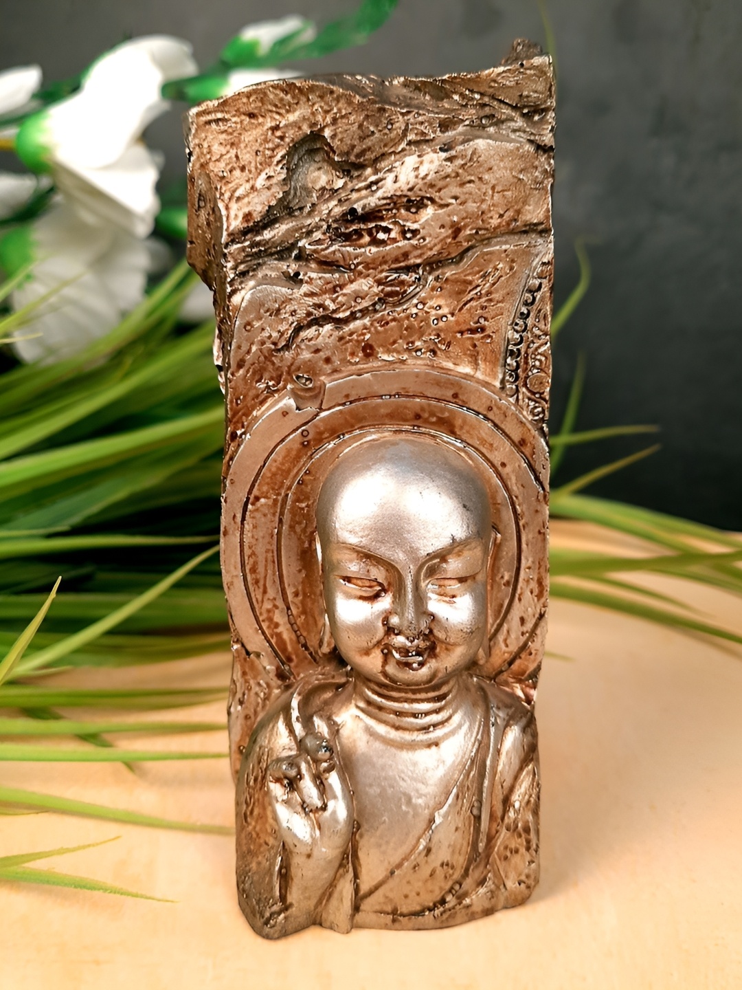 apka mart Copper-Toned Metal Buddha Design Candle Holder