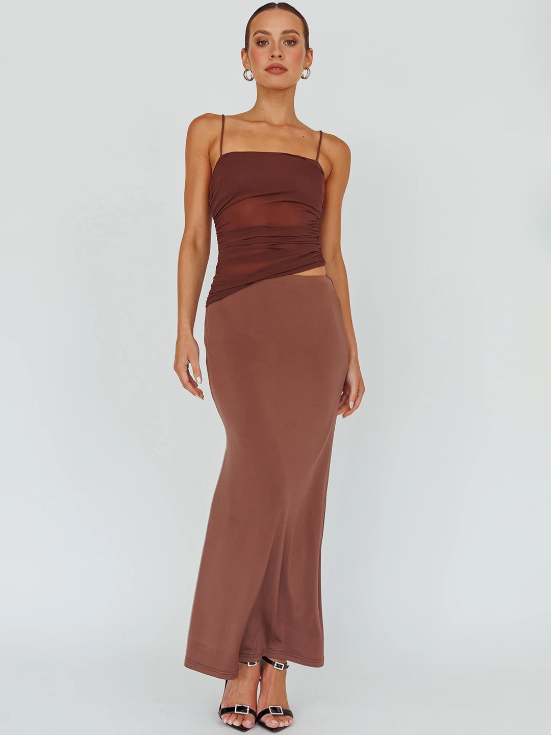 

LULU & SKY Shoulder Straps Gathered Top With Maxi Skirt, Brown
